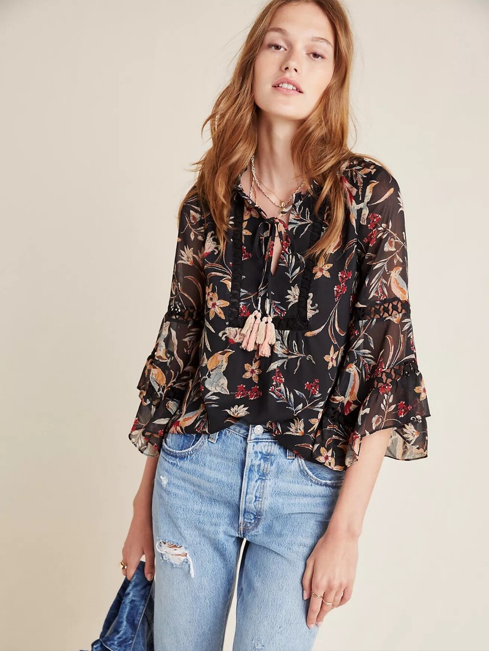 Maeve Anthropologie Black Floral Lightweight Tie-Front Ruffle Blouse Sz S